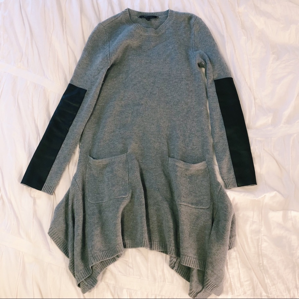 BCBG grey dress with leather elbows